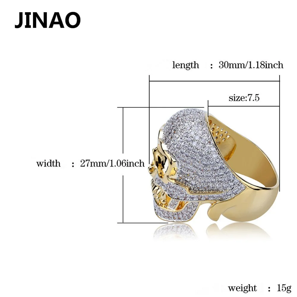 JINAO Hip Hop Copper Two Tone Skull Ring Iced Out Micro Paved Cubic Zircon Punk Fahion Ring for Men Women with 7,8,9,10,11 Size