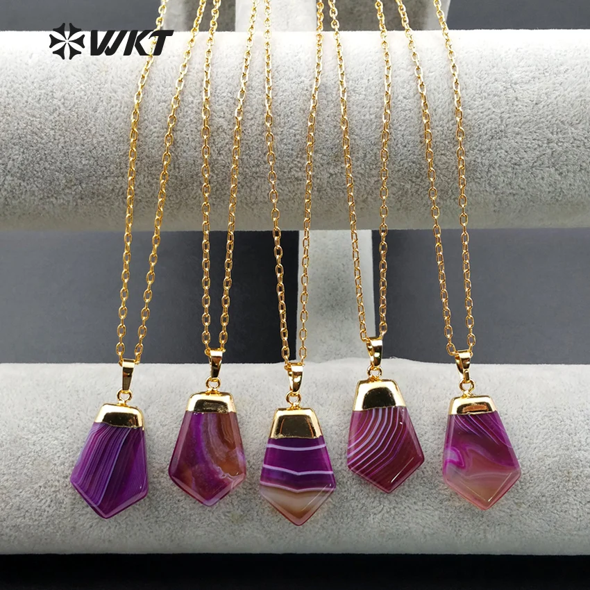 

WT-N1019 Wholesale fashion jewelry natural onyx necklace High quality shield shape a-gate necklace with 24 gold electroplate