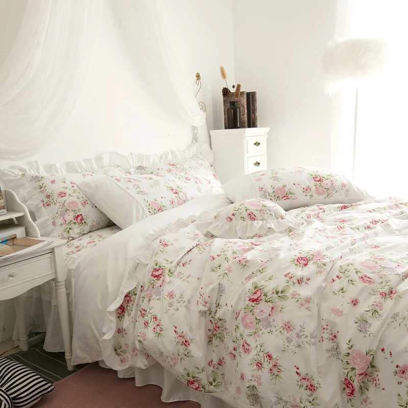 100%Cotton Soft White Pink Floral Rose Girls Bedding Set 3/4/7Pcs Single Doubel King Cal King Duvet cover Bedskirt Pillowcases