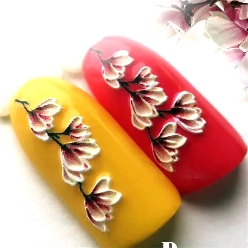 1pc 3D Acrylic Engraved flower Lotus bee Nail Sticker Embossed red Flower Water Decals Empaistic Nail Water Slide Decals Z0098