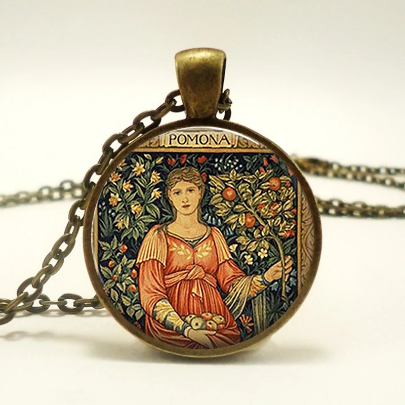 Vintage William Morris Pomona colgante diosa collar hecho a mano moda mujer joyería jardinería regalo de jardinero cadena larga de vidrio