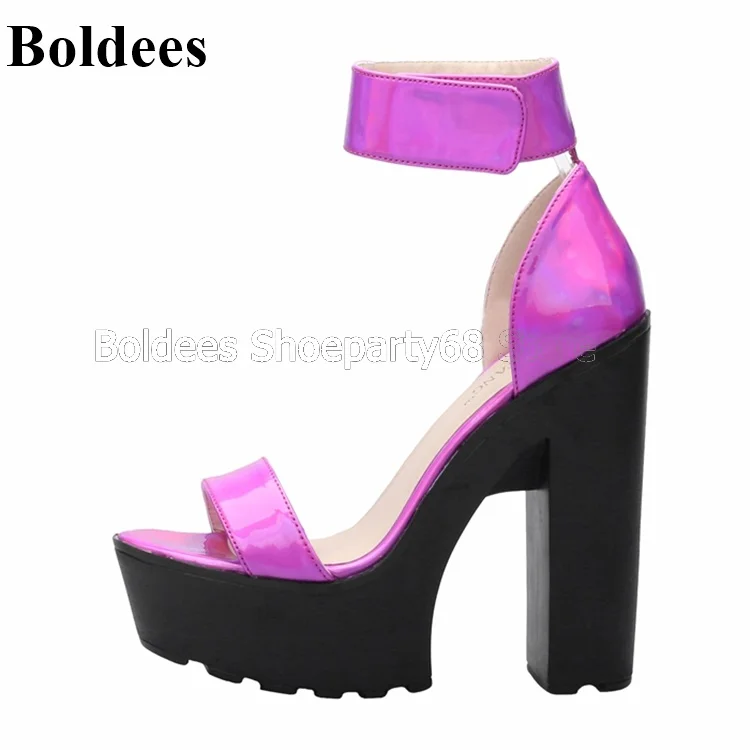 Fashion Neon Green Pu Leather Block Heel Sandala Woemn Peep Toe Wedge Buckle Strap Comfortable Women Sandals