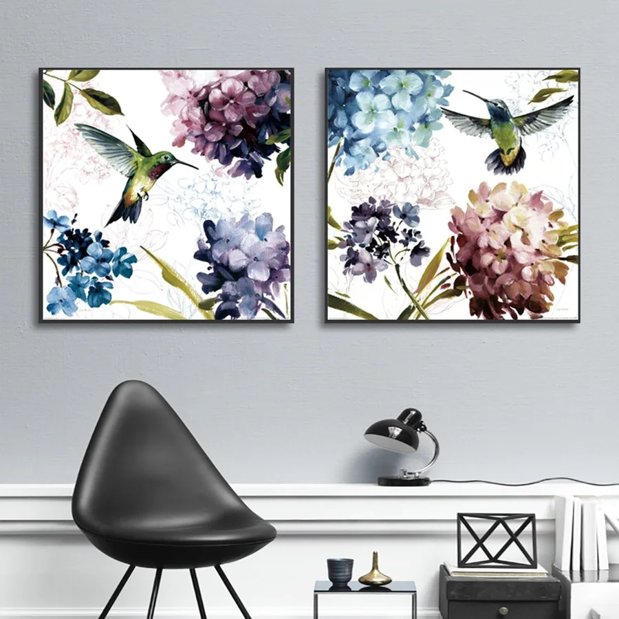 Watercolor Canvas Art Flower Purple Hydrangea Painting Modern Home Decoration Hummingbird Birds Animals Posters Wall Art Picture