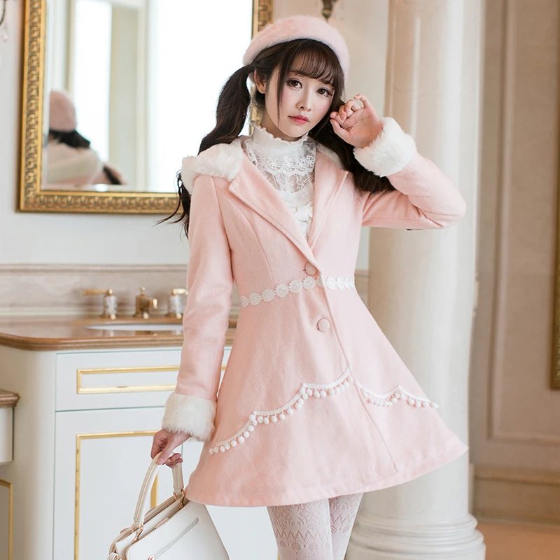 Princess sweet lolita coat The little girls long wool coat hooded Candy rain slim single breasted woolen coat tide C22CD7305