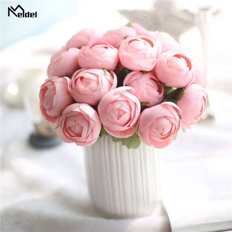 Meldel เจ้าสาวงานแต่งงานดอกไม้ประดิษฐ์ Rose Peony 7 หัวดอกไม้สีชมพูเพื่อนเจ้าสาว Bouquet DIY งานแต่งงานอุปกรณ์