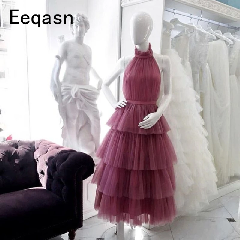 Customized Tiered Tulle Prom Dresses White Pink Black Saudi Arabic Tea Length Elegant Women Formal Party Gown vestido Gala