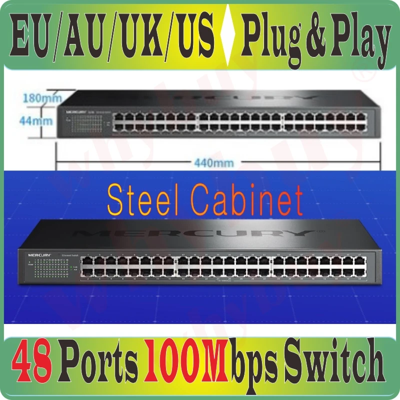 Plug&Play, Steel/Metal 48 Ports Desktop 100Mbps Switch Ethernet Network Switch LAN Hub Full or Half duplex Exchange Fast Switch