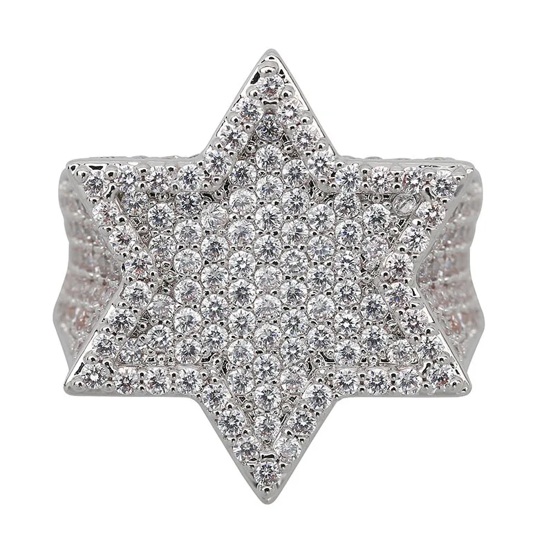 Mint Green AAA Cubic Zirconia Bling Ice Out Jewish Star of David Hexagram Rings for Men Hip Hop Rapper Jewelry Gold Color