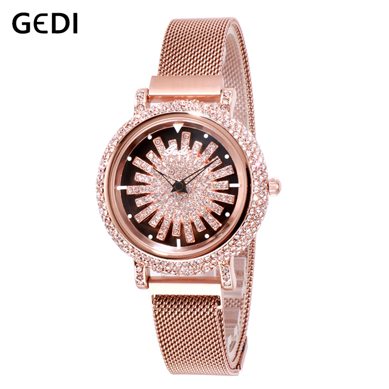 GEDI Rotatable Dial Luxury Women's Watches Rhinestone Top Lady Clock Watches for Women Magnet Strap Quartz Female Wristwatch New