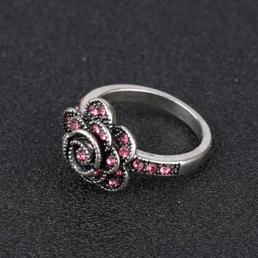 2018 New Fashion Flower Pink Crystal Ring Silver Color Love Wedding Rings For Women Vintage Jewelry Gift Wholesale Lots Bulk