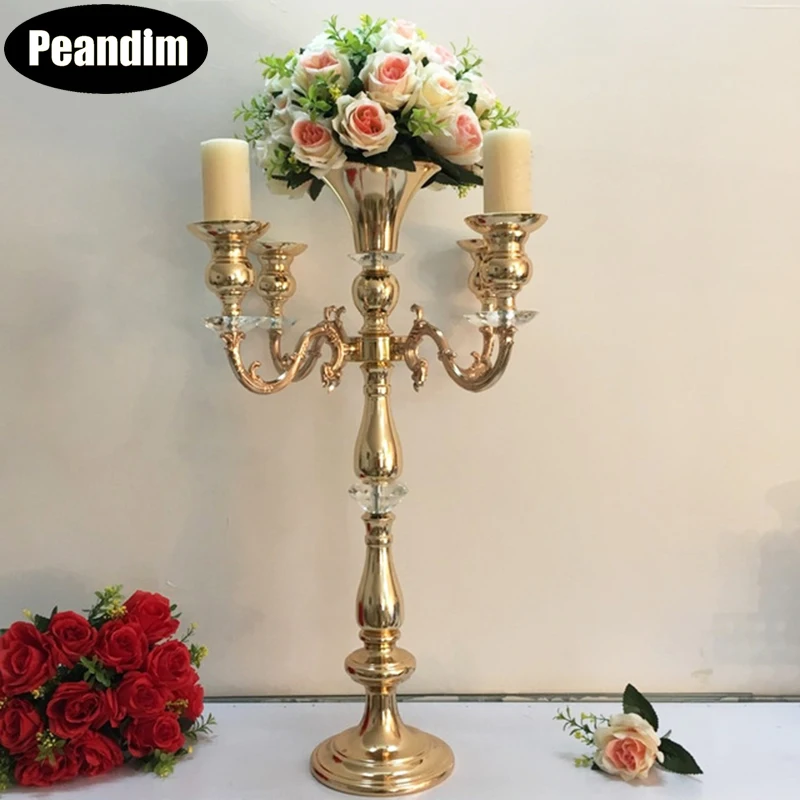 

PEANDIM 5 Heads Gold Candelabra Wedding Candlestick Flower Rack Table Anniversary Centerpieces Candle Holder For Home Decoration