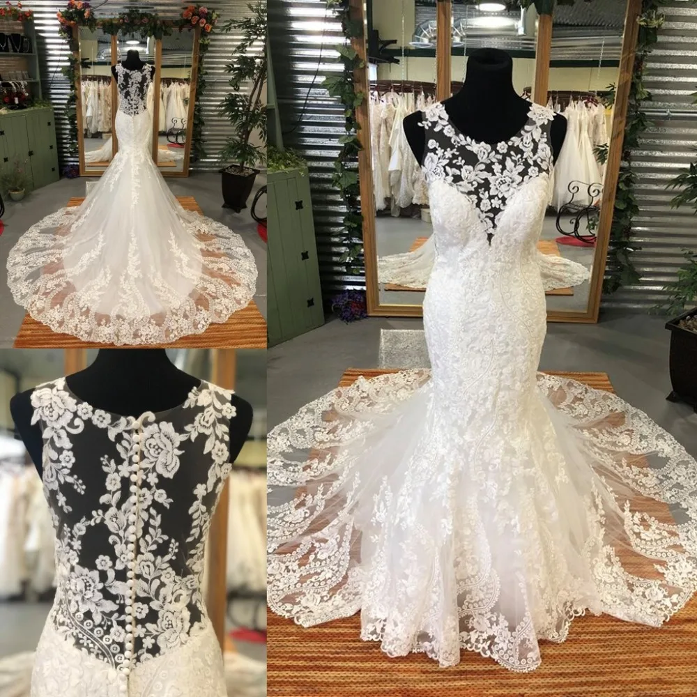 Lace Mermaid Wedding Dresses 2019 Long Train Crew Neck Fit and Flare vestido de noiva Romantic robe de soiree