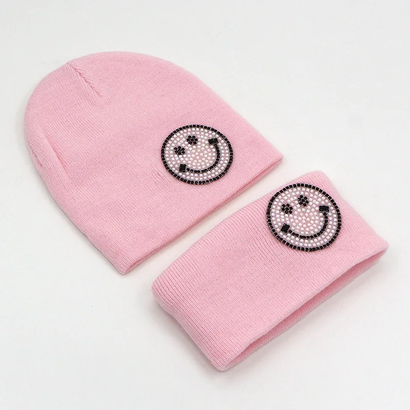 Conjunto de gorro y bufanda para niños y niñas, conjunto de 2 piezas, bonito Color sólido caramelo, sonrisa, gorro de punto, bufanda, cálido para