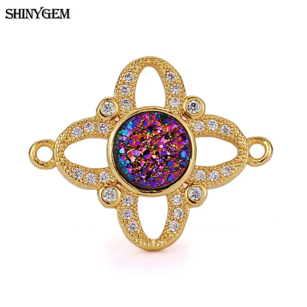

SHINYGEM Natural Crystal Druzy Connectors Inlay Rhinestone Gold Plated Gem Stone For DIY Jewelry Making Earrings