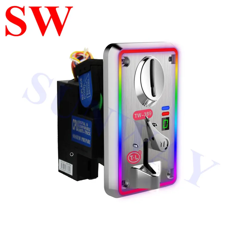 TW-389 LED Coin Acceptor Coin Selector with colorful LED light Plastic Front Plate for Vending Machine MAME Game Cabinet