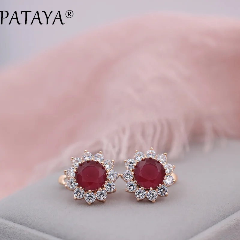 PATAYA New 585 Rose Gold Color Red Sunlight Natural Zircon Women Luxury Party Jewelry Accessories Vintage Big Drop Earrings