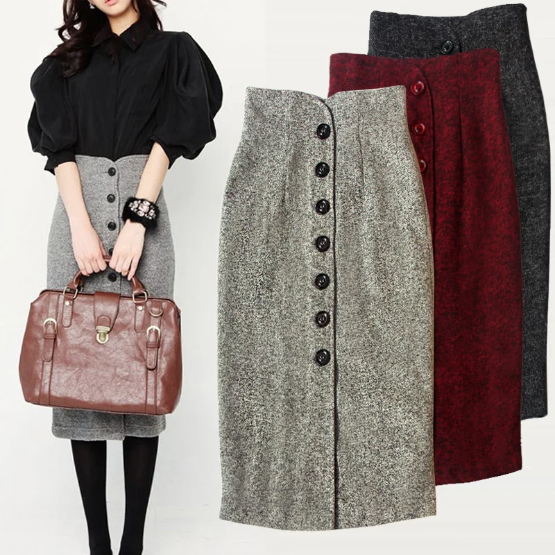 Free Shipping 2020 New Fashion Woolen Elegant Long Knee-length Women Skirts Pencil S-2XL Single-breasted High Waist Winter Skirt