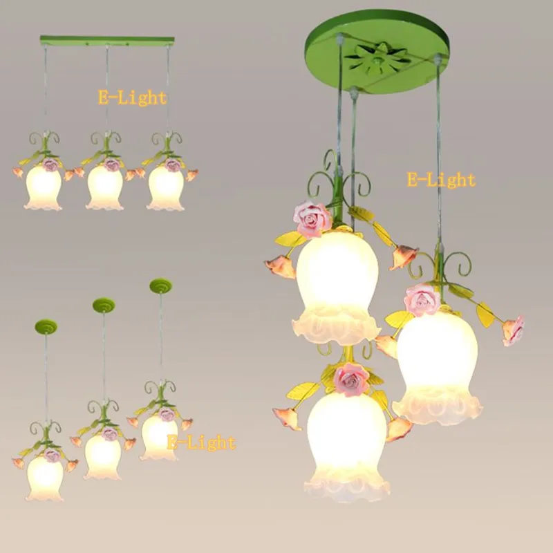 Korean princess LED light Dinning room Pink Rose flower leaf Pendant lights White/green lamp Girl's bedroom Aisle Living room