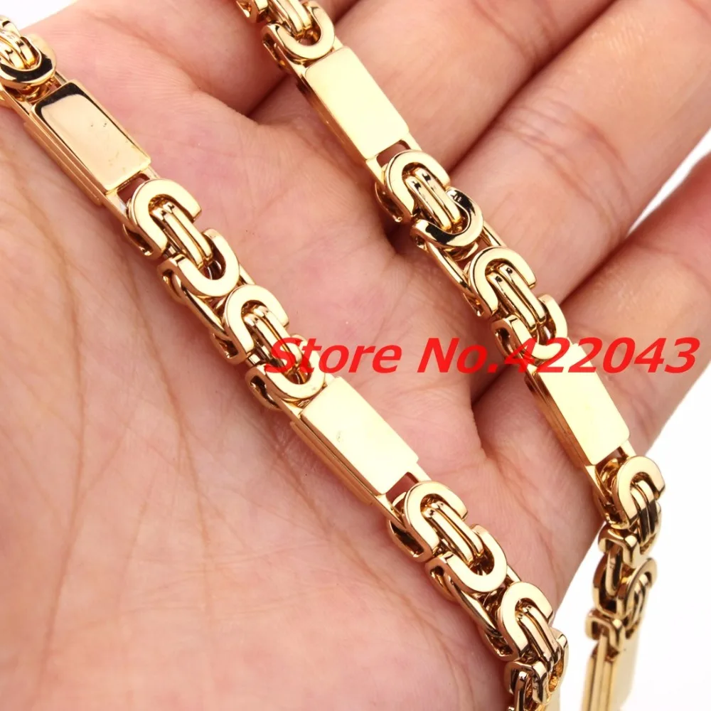 6mmx55cm Necklace + 6mmx22cm bracelet boy Mens Womens Chain Gold Tone Flat Byzantine Link Chain Stainless Steel Jewelry