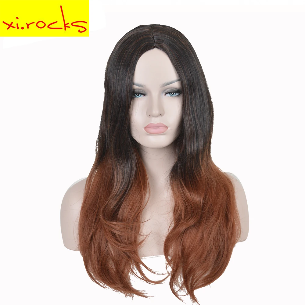 3123 Xi. Rocks Long Auburn Natural Hair Gradient Synthetic Curly Wigs For Black White Women Wave Temperament