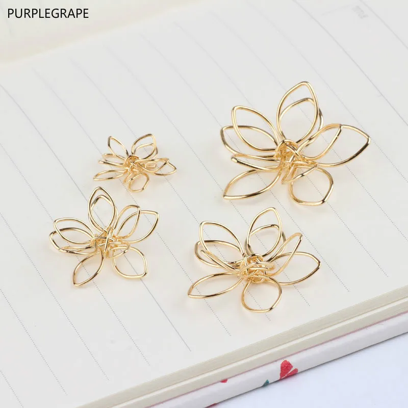 DIY jewelry accessories copper plated 18k gold color hollow three-dimensional double flower earrings pendant material 6 pieces