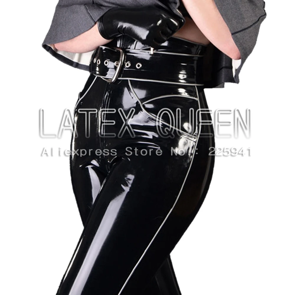 Leggings en latex pour adultes, pantalons en caoutchouc pour femmes avec ceinture