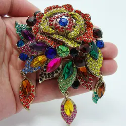 Fashion Vintage Style Art Deco Flower Rose Brooch Pin Pendant Colorful Rhinestone Crystal