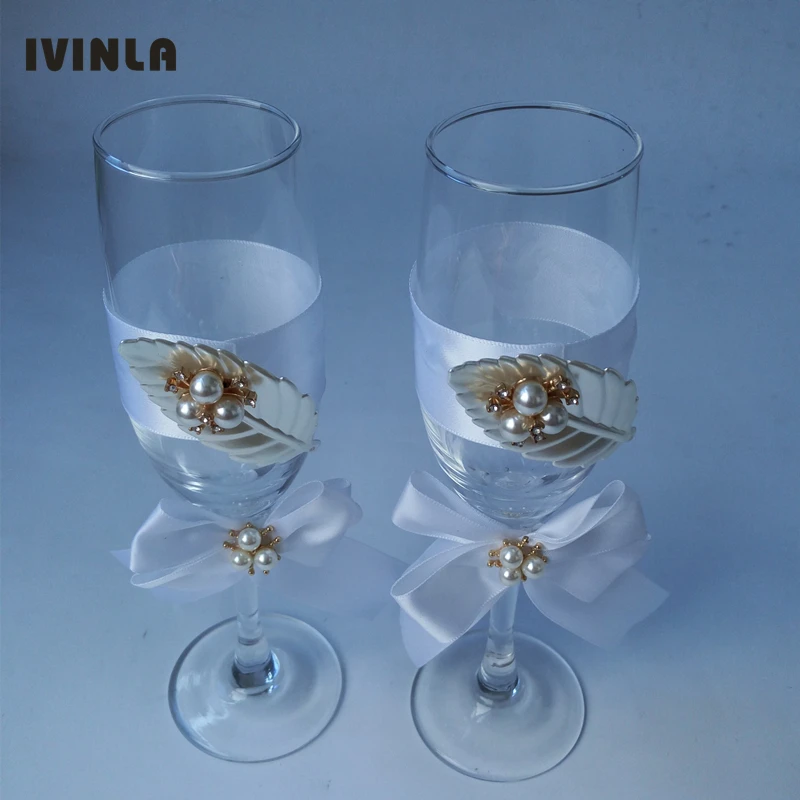 1 Pair/Lot pearl  leaf wedding Champagne Toasting Glasses Set for wedding decoration