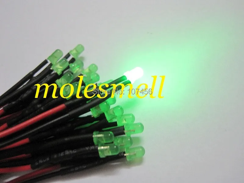 

Free shipping 1000pcs 3mm 24v diffused green LED Lamp Light Set Pre-Wired 3mm 24V DC Wired