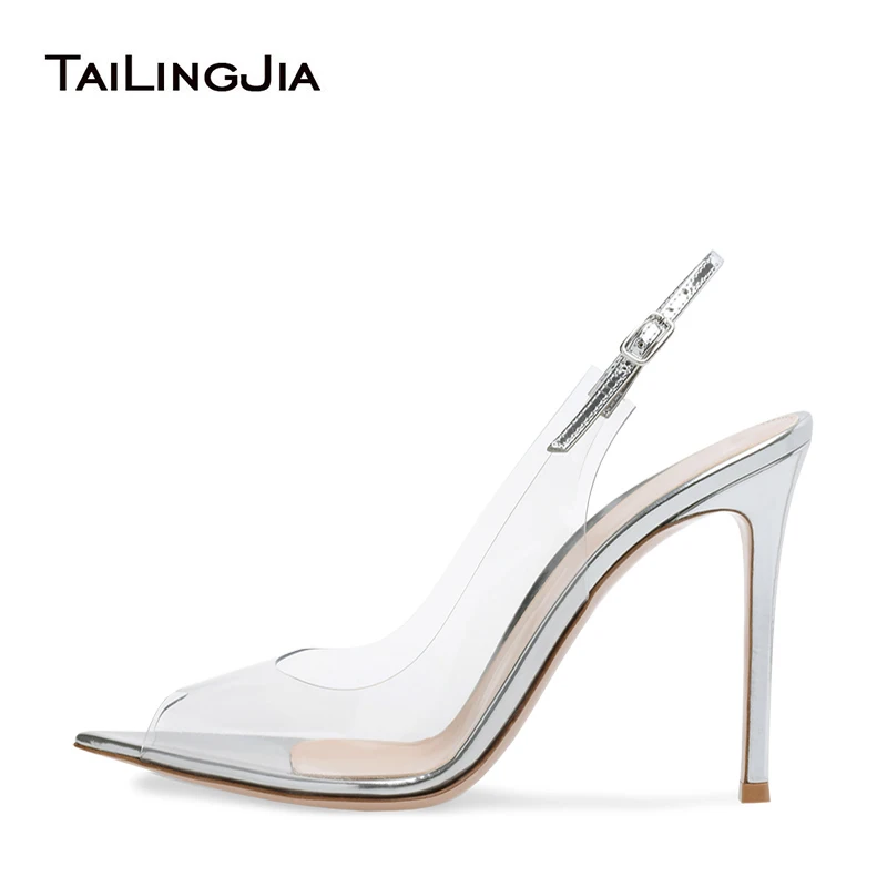 

Sexy Pointed Peep Toe High Heel Clear Pumps for Woman Heeled Pointy Slingback PVC Transparent Shoes Ladies Summer Stiletto Heels