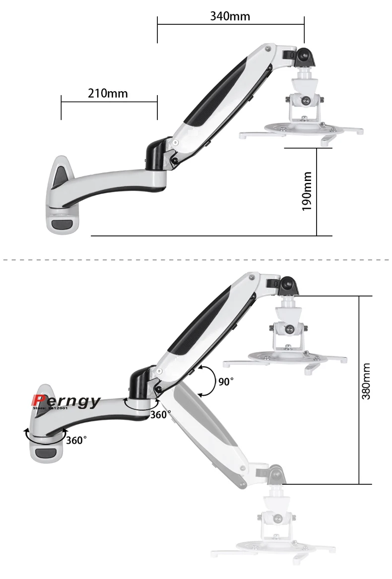 PR03W-L uniwersalny projektor do montażu ściennego sprężyna gazowa pełnoekranowy trzy części uchwyt na ramię o długości 0-6.5kg z tacą na hak 1/4