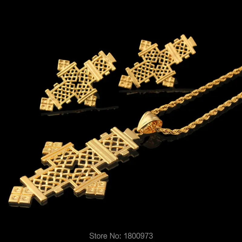 Newest Ethiopian Cross jewelry Sets  Gold Color Cross African Bridal Wedding Jewelry sets