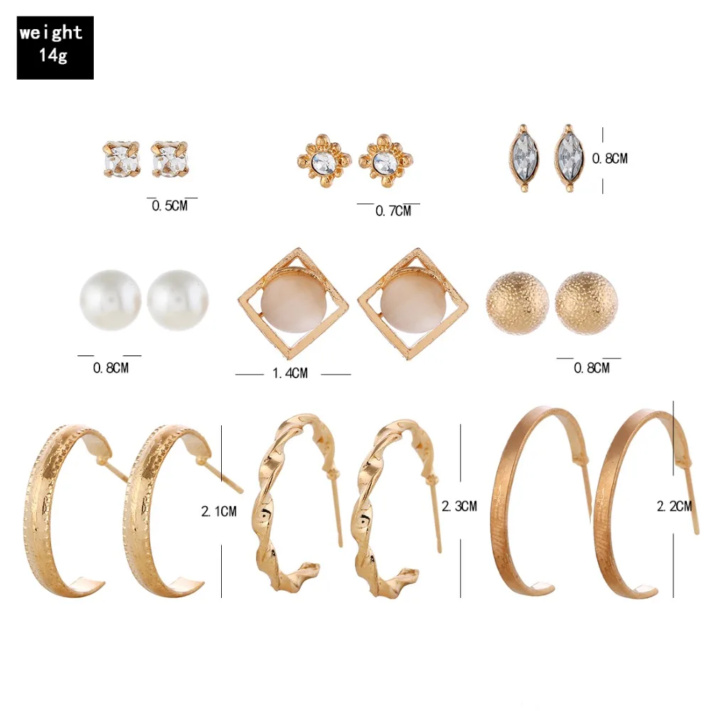 Fashion Personality Creative All-match Ornament 9Pairs/Sets Rhinestone Flower Faux Pearl C-shaped Women Earrings Set Accessories