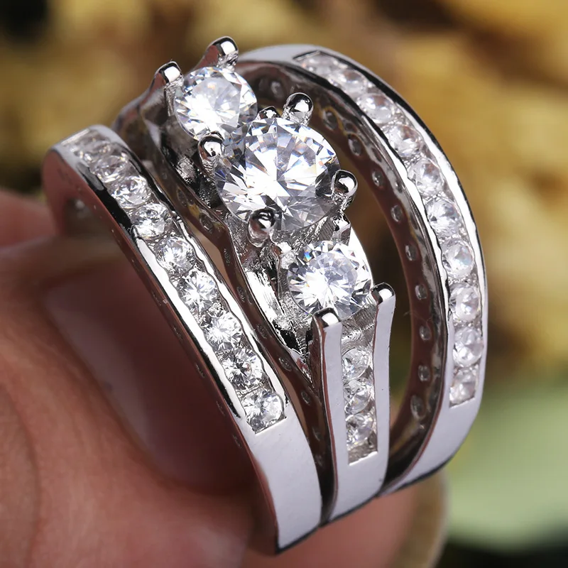 Anti Allergy 3 Rounds Princess Cut Silver Color Jewelry White Clear 5A CZ stones Wedding Bridal Women Plata Rings set Gift