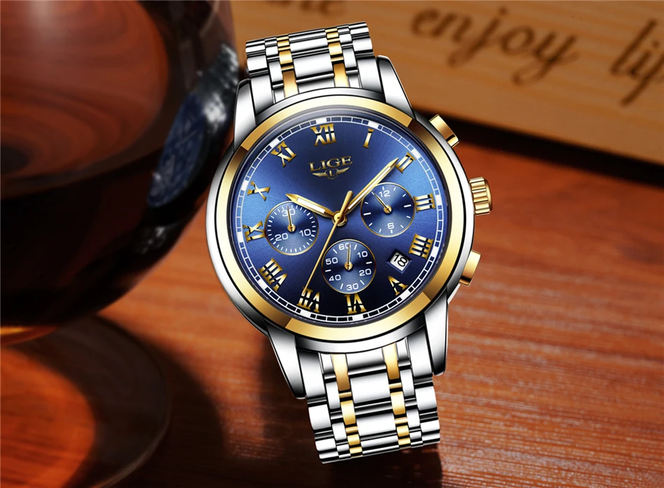 LIGE Orologio Uomo Cronografo Al Quarzo - Impermeabile 3 ATM, Cinturino In Pelle Morbida, Calendario, Acciaio Inox, Regalo