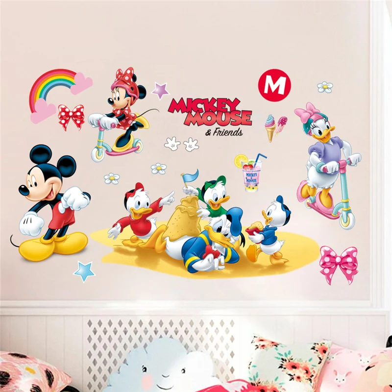 Cartoon Mickey Minnie Wall Stickers For Kids Rooms Christmas Decor Gift Children Bedroom Living Room Wall Decal Art Poster Mural