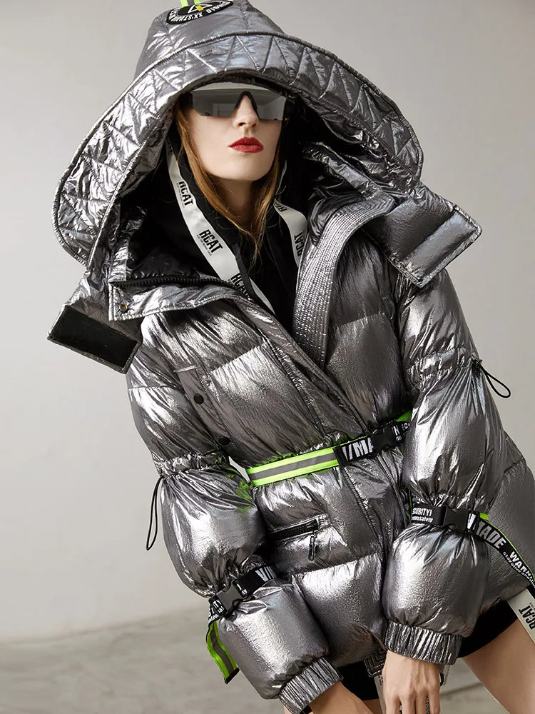 2024 Winter jacke Frauen Daunen jacken Frauen kurze weiße Ente Daunen Metallic Street Feel, übergroße Oberbekleidung Kapuze Parka Marke