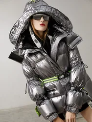 2024 winter jacket women down jackets women's short white duck down metallic  street feel, oversize outerwear hooded parka brand