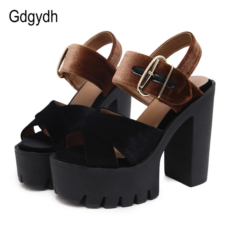 Gdgydh Summer Flock Women Sandals Platform Square Heels Female Shoes Fashion Buckle High Heeled Shoes Women Comfortable 2021 New