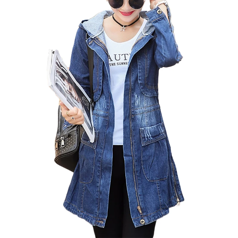 Spring Autumn Hooded Denim Jacket Women Korean Loose Long Jeans Jackets Women\'s Zipper Windbreaker Outwear Female Basic Coat