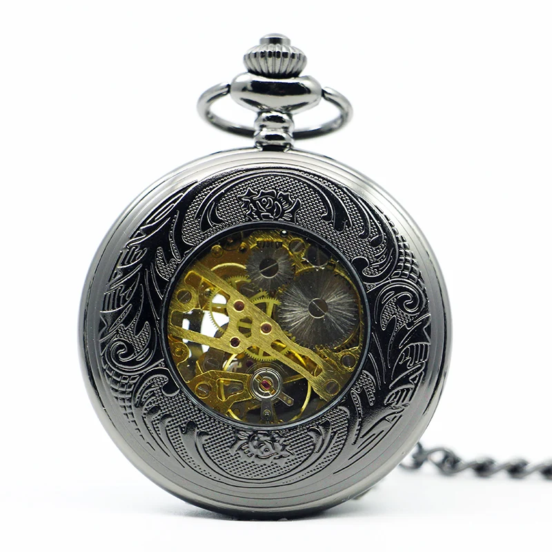 10pcs/lot Antique Magic Roman Half Hunter Black Steel Hollow Hand Wind Mechanical Skeleton Pocket Watch Long Chain