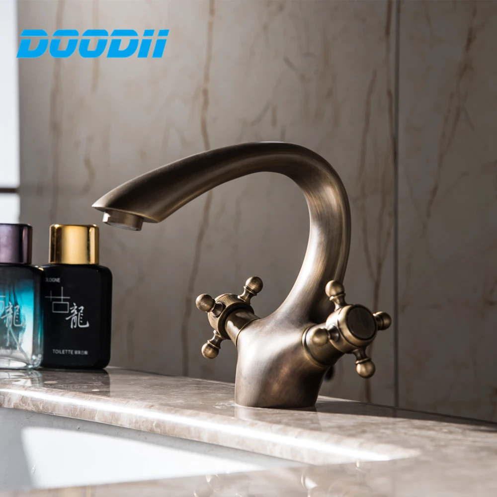 Bathroom Faucet Antique bronze finish Brass Sink  Hot Cold Water kitchen Faucets Double Handle Cold And Hot Water Tap Torneira