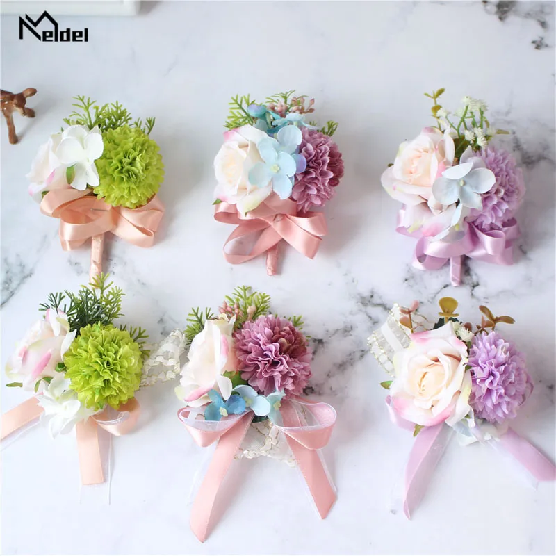 Meldel Corsages-broche de boda para novio, alfiler para novia, rosa, muñeca, flor, pulsera de dama de honor, accesorios de boda para fiesta y reunión