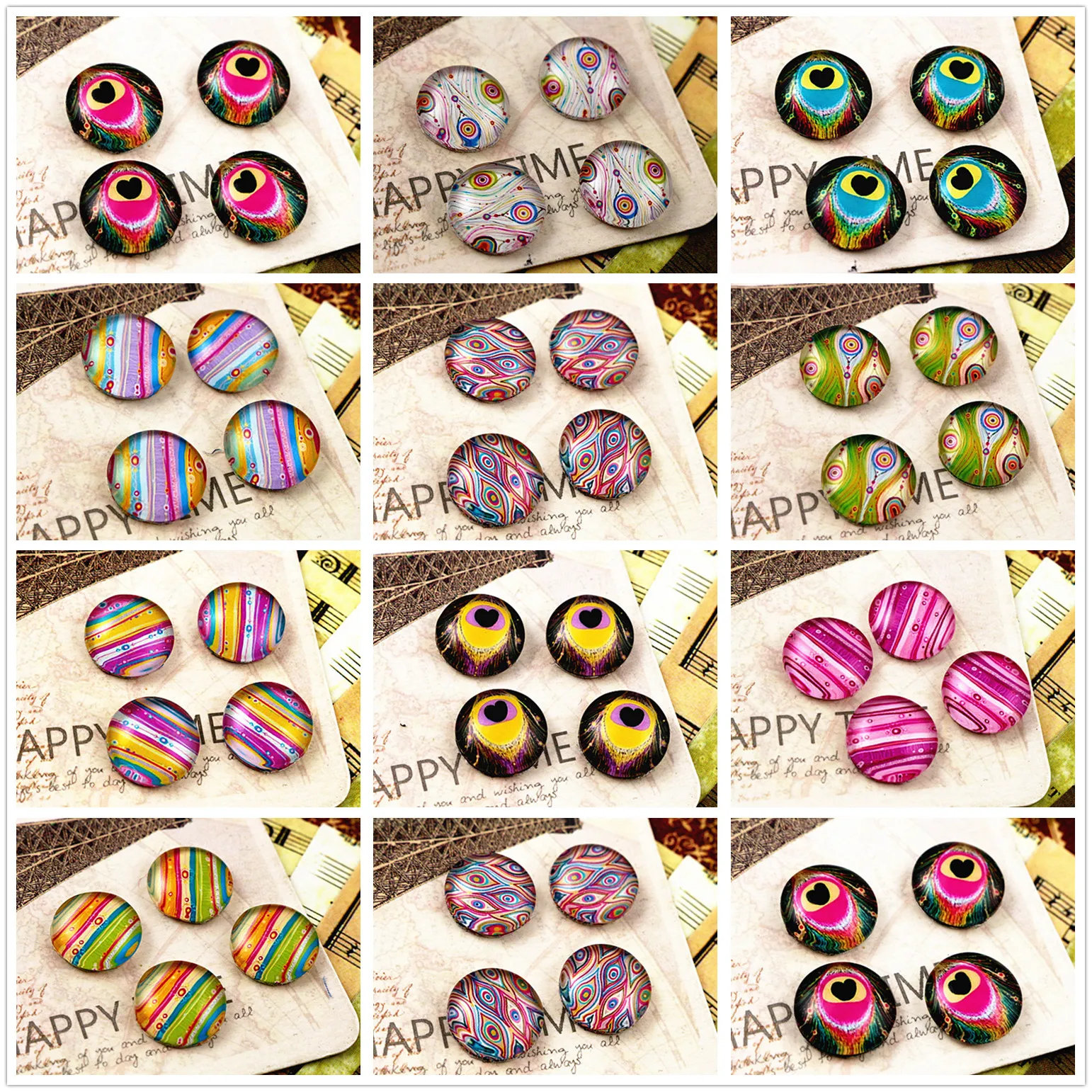 

New Fashion 20pcs 12mm Handmade Photo Glass Cabochons (Peacock Feathers)