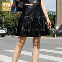 Genuine Leather Pleated Skirts Women Spring Summer New High Waist Black Sheepskin Real Leather Sexy Mini A-Line Skirts Lady