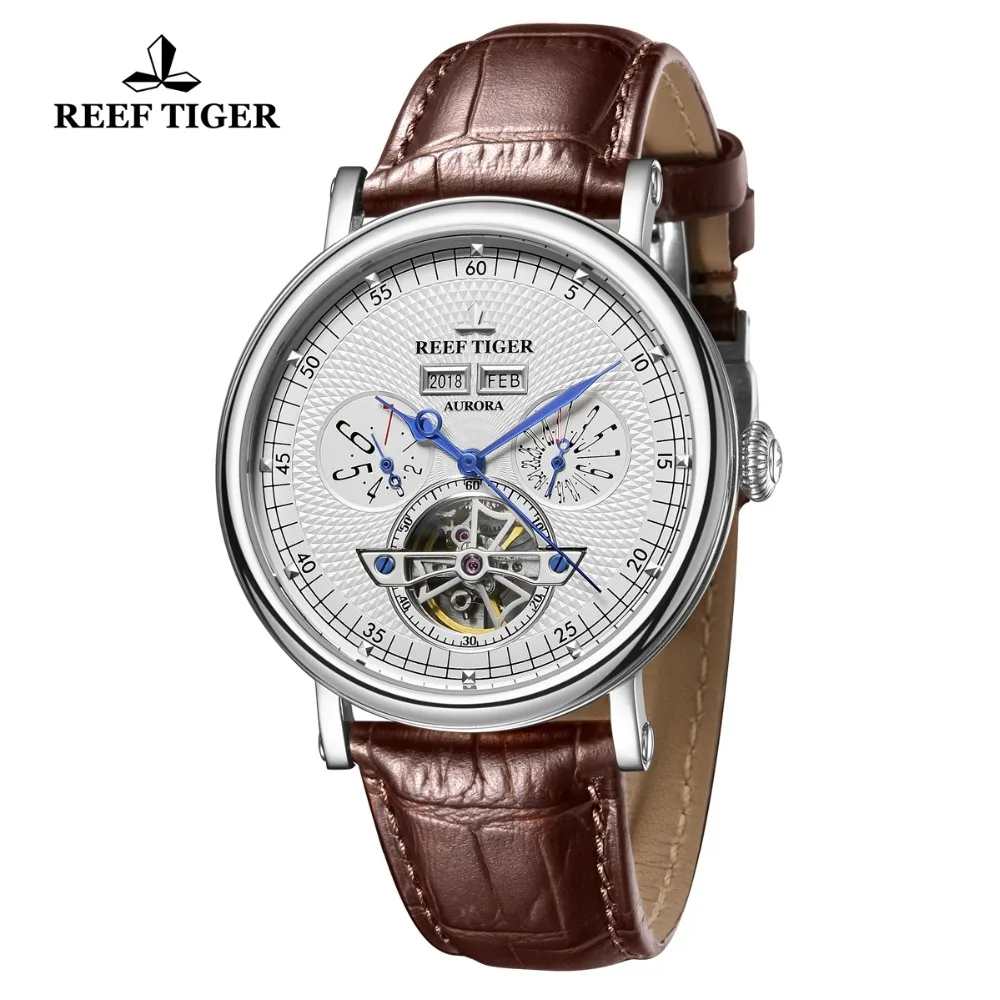 Reef Tiger/RT Top Brand Mechanical Watch Men Luxury Tourbillon Watches Genuine Leather Strap Perpetual Calendar Watches RGA1903