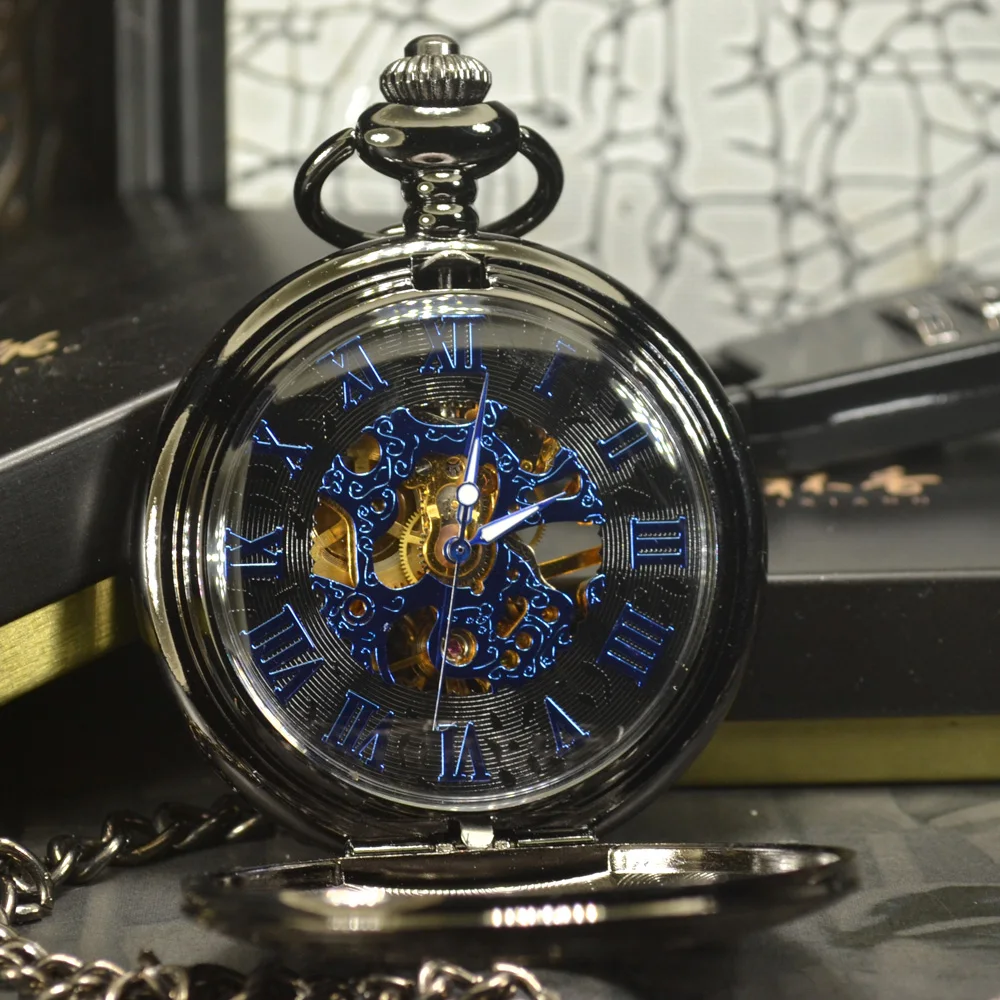 TIEDAN Steampunk Luxury Fashion Antique Skeleton Mechanical Pocket Watch Men Chain Necklace Casual Pocket & Fob Watches Blue
