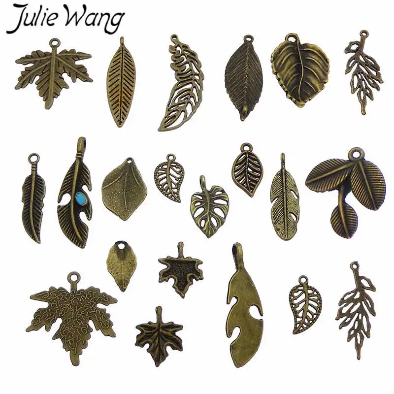 Julie Wang 10PCS Randomly Mix Vintage Leaves Charms Alloy Antique Bronze Leaf Bracelet Jewelry Making Pendant Accessory