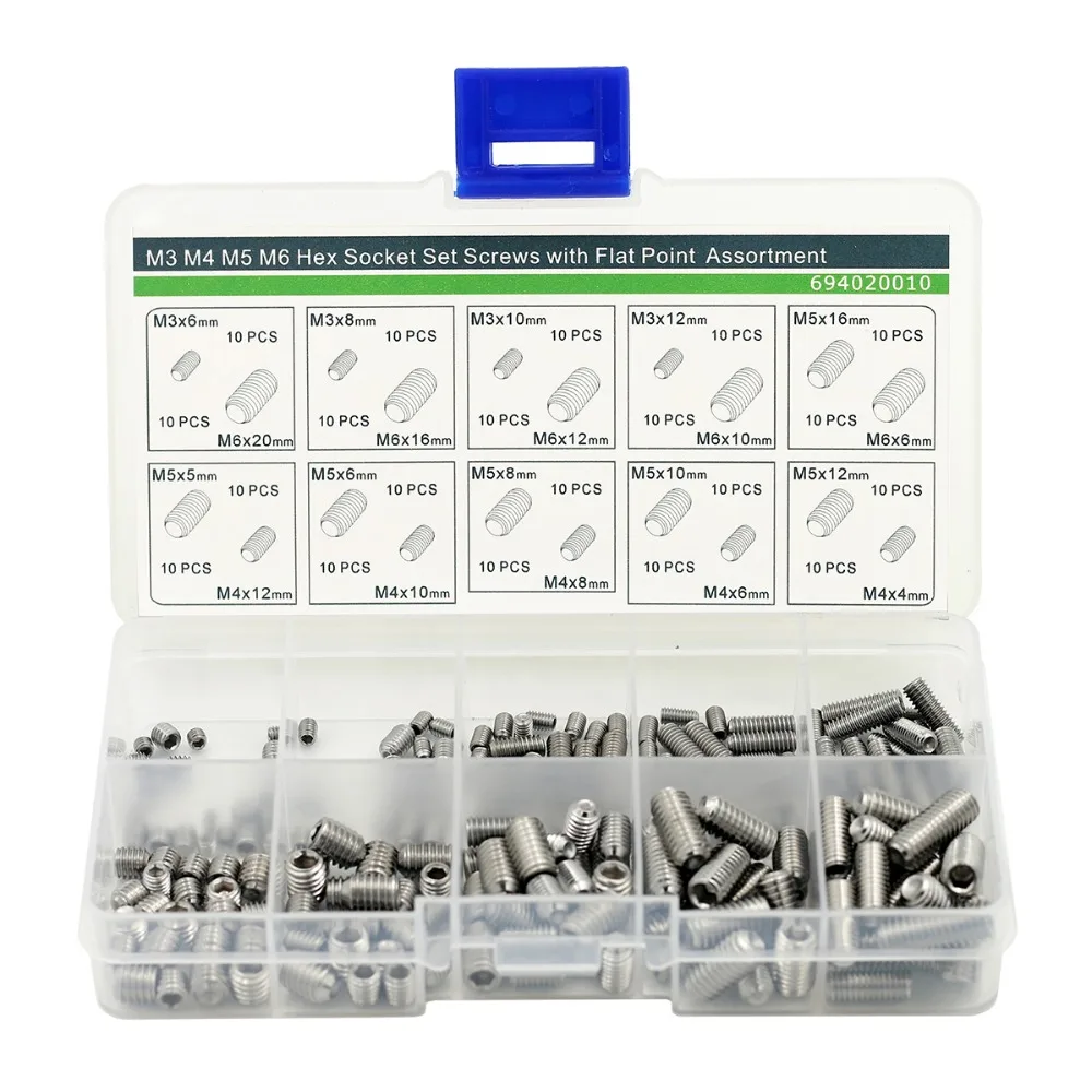 

M3 M4 M5 M6 Hex Socket Set Screws with Flat Piont Assortment Kit,Stainless Steel,200 pieces