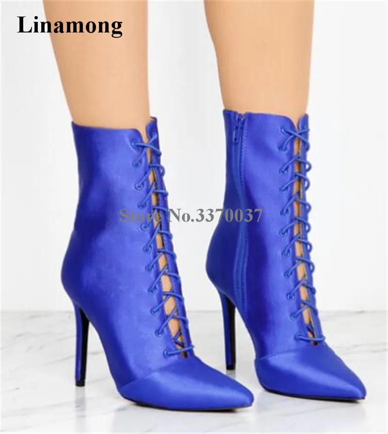 

2018 Spring New Fashion Women Pointed Toe Blue Silk Lace-up Ankle Boots Cut-out High Heel Short Boots Formal Dress Shoes
